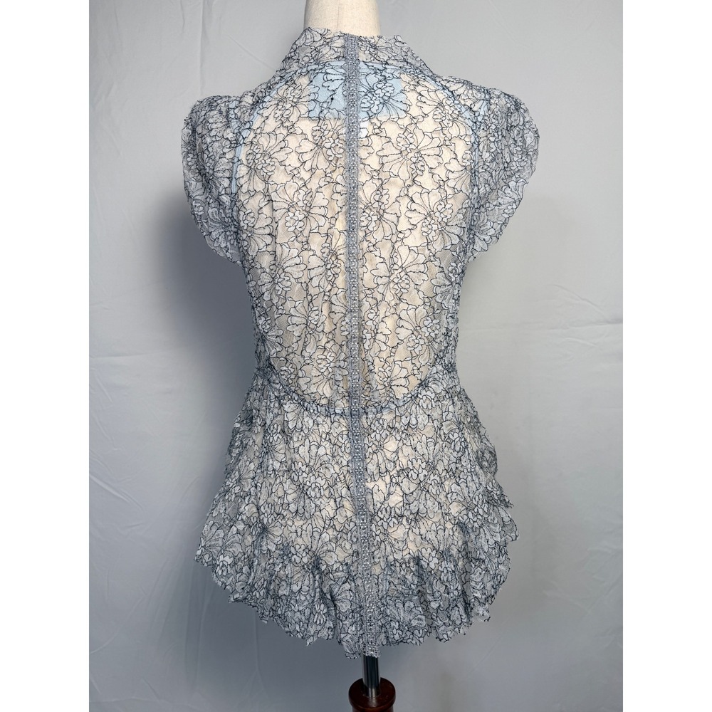 Black and white Floral Lace Button Peplum Blouse Cap Sleeve, romantic Victorian, - Picture 2 of 11